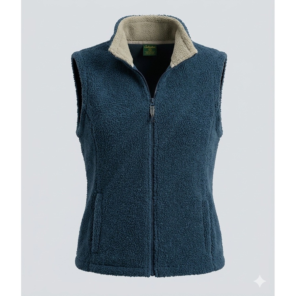 Cabela's Men's Blue Fleece Zip Up Vest with Tan Fleece Collar. Size 2XL.